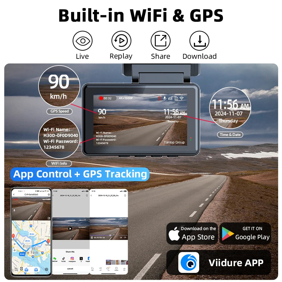 4K Dash Cam Car WIFI GPS 4K Front And 1080P Rear