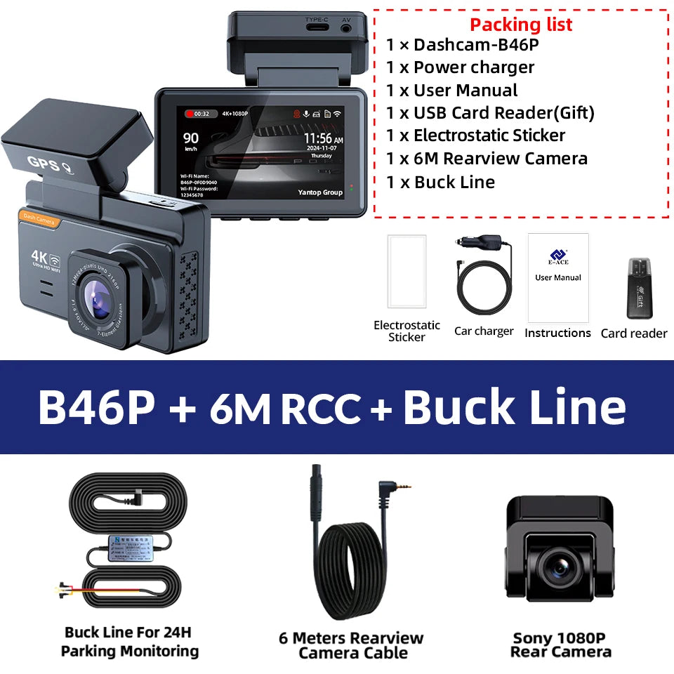 4K Dash Cam Car WIFI GPS 4K Front And 1080P Rear