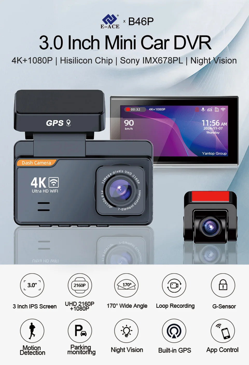 4K Dash Cam Car WIFI GPS 4K Front And 1080P Rear