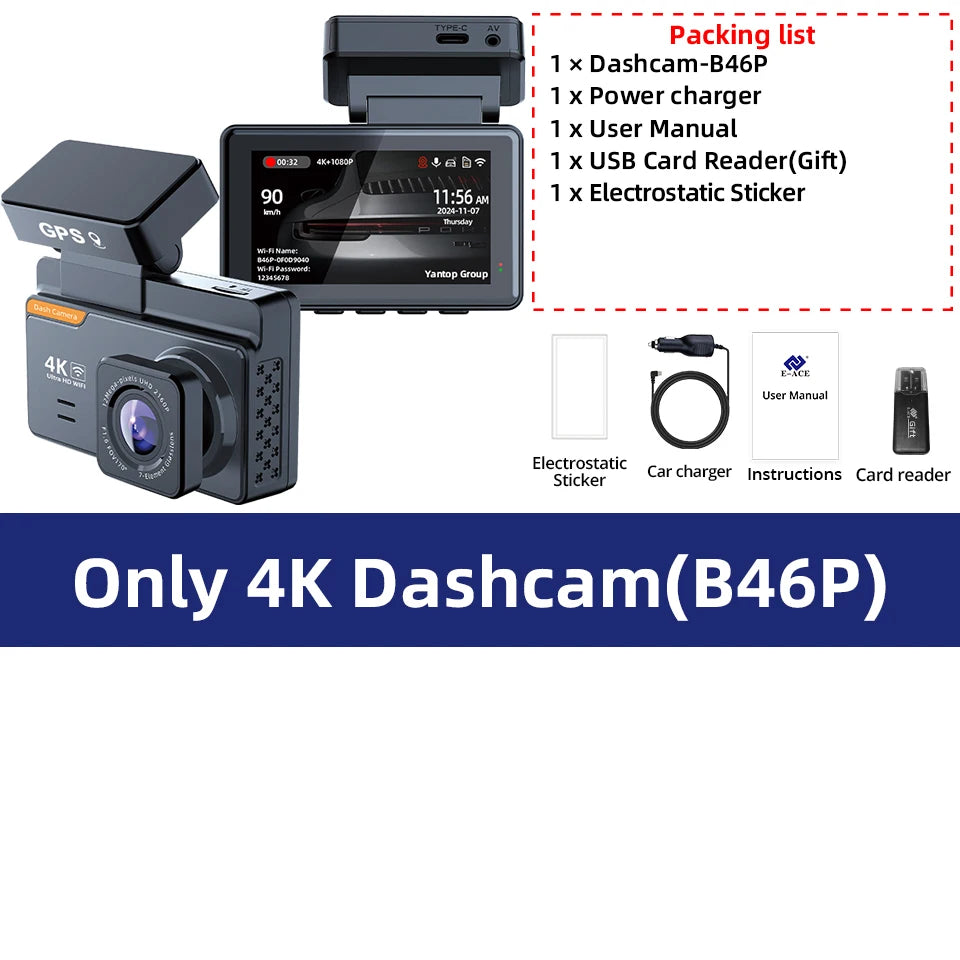 4K Dash Cam Car WIFI GPS 4K Front And 1080P Rear