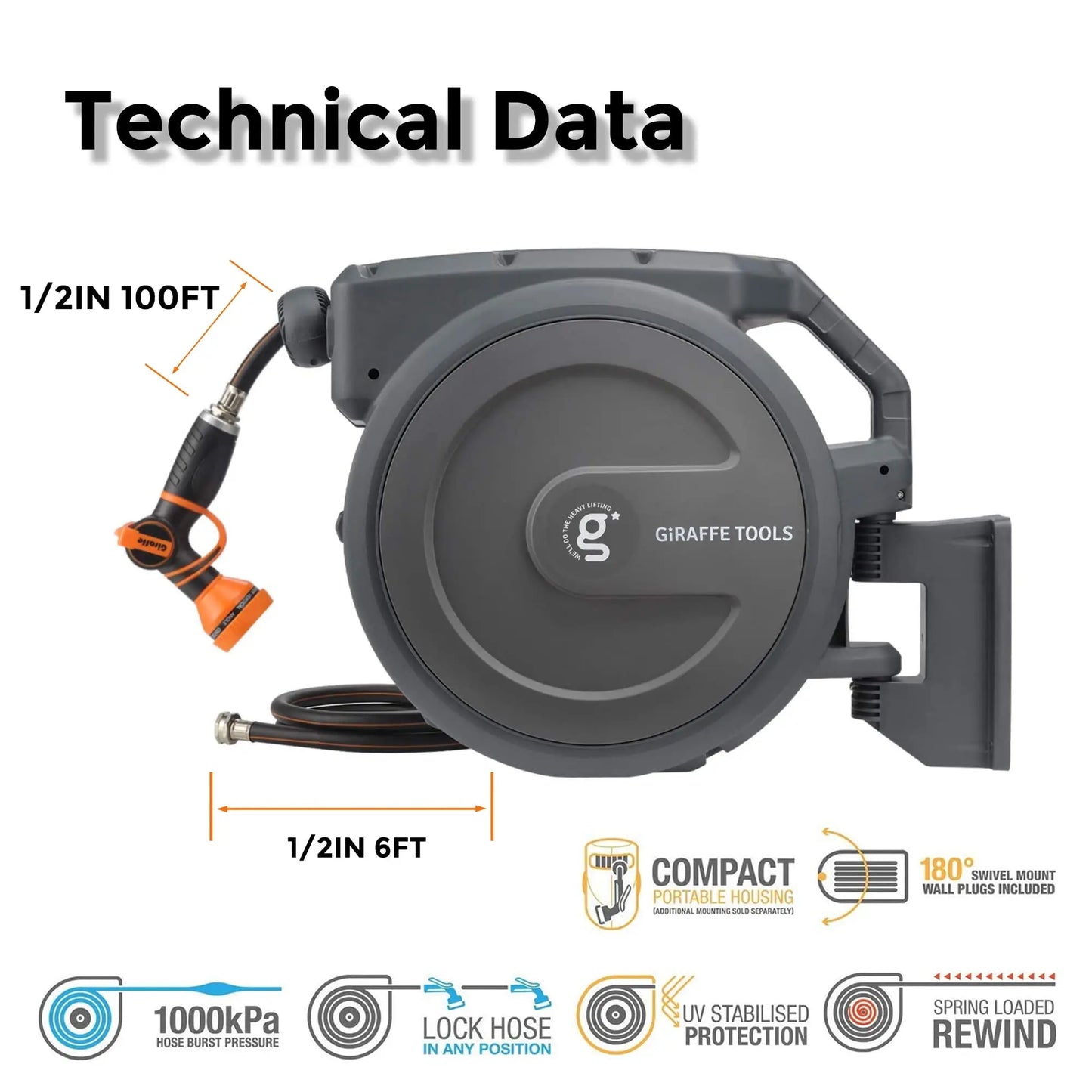 Retractable Garden Hose Reel 1/2" x 100 ft