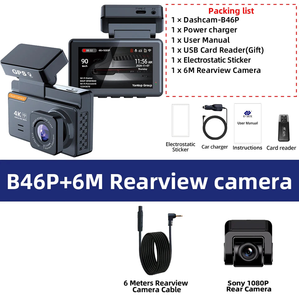 4K Dash Cam Car WIFI GPS 4K Front And 1080P Rear