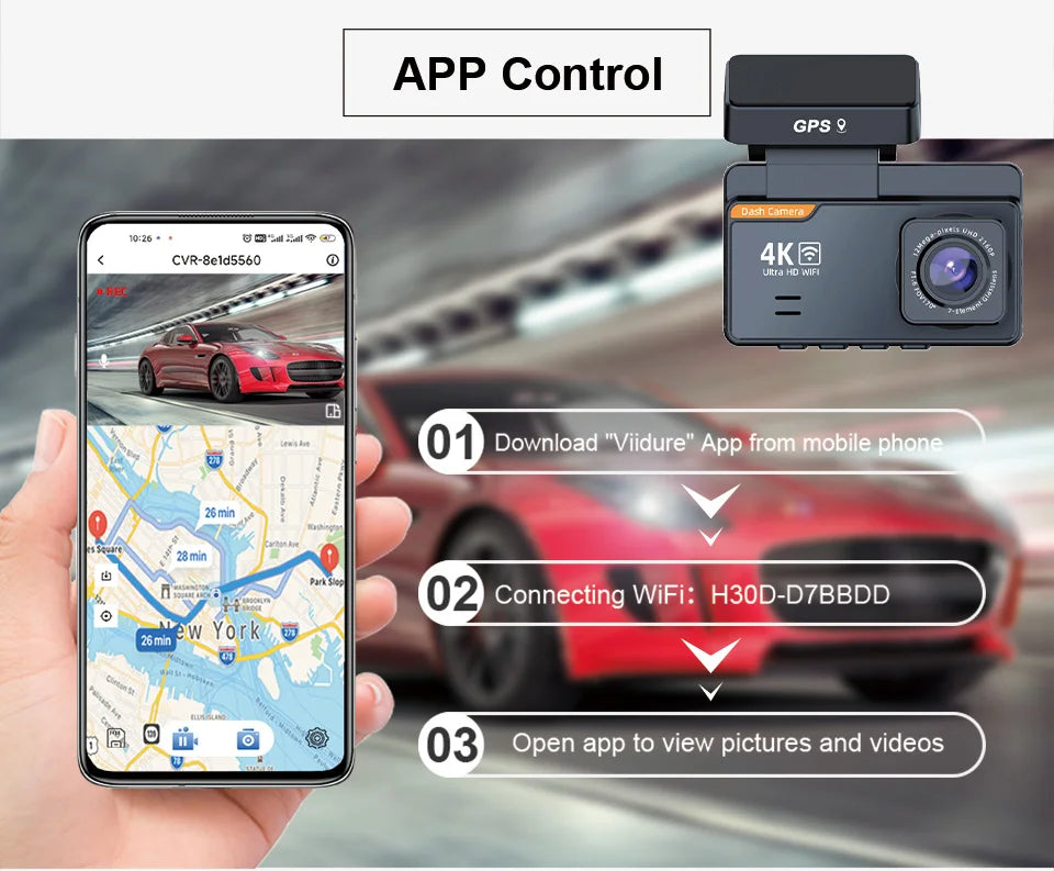 4K Dash Cam Car  WIFI GPS 4K Front And 1080P Rear
