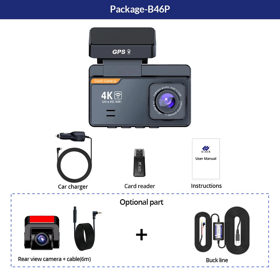 4K Dash Cam Car  WIFI GPS 4K Front And 1080P Rear
